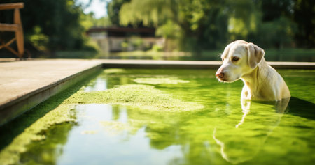 Dog looking at toxic green algae in a swimming pool.の素材