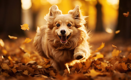 Portrait of a happy dog running in autumn.の素材