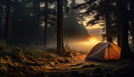 Camping tent in the mountain forest at sunrise.の素材