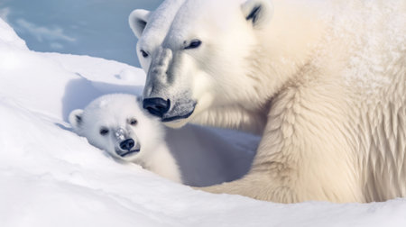 Portrait of mother polar bear with her cute cub.の素材