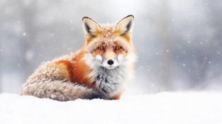 Portrait of a Red fox lying in snow.の素材