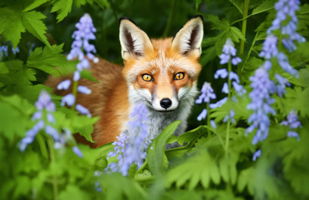 Portrait of a red fox among bluebells in spring.の素材
