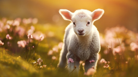 Portrait of a cute little lamb in a meadow.の素材
