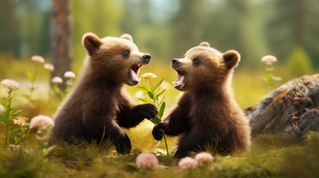 Close-up of cute brown bear cubs playing in the forest.の素材