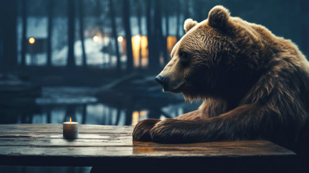 Portrait of a lonely brown bear sitting on a wooden table.の素材