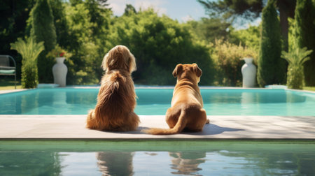 Two dogs sitting on the edge of the swimming pool.の素材