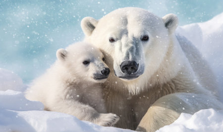 Portrait of mother polar bear with her cute cub.の素材
