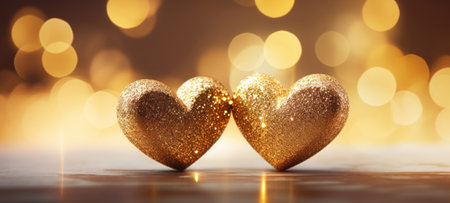 Two gold hearts on table with bokeh lights and glitter.の素材