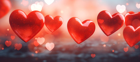 Red hearts background with bokeh lights.の素材