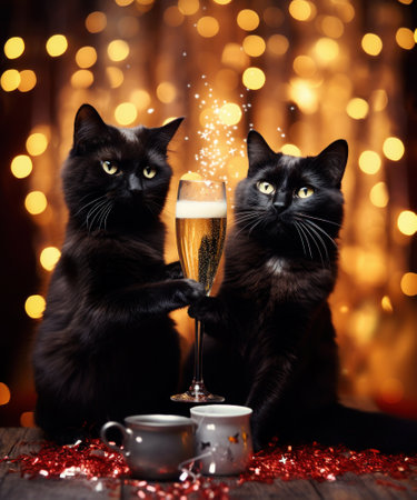 Two cute black cats holding glass of champagneの素材
