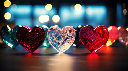 Colourful glass hearts on a bokeh background.の素材