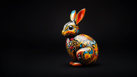 Colourful Easter bunny figurine on a black background.の素材