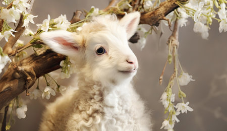 Portrait of a cute little lamb under blooming olive tree branch.の素材