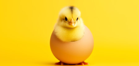 Cute little Easter baby chick in broken eggshell on isolated yellow background.の素材