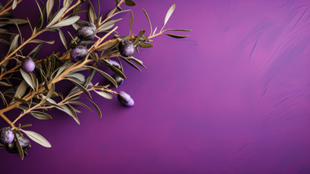 Olive tree branch with olives on a purple background.の素材