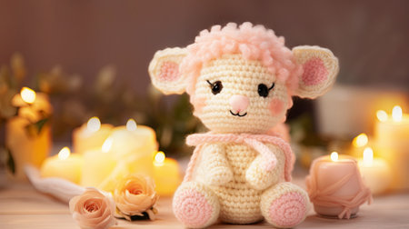 Handmade cute baby lamb toy crafted from coloured wool.の素材