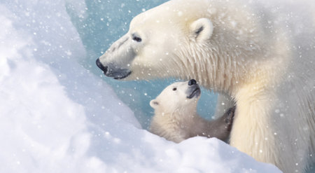 A heartwarming portrait of a mother polar bear with her adorable cub, surrounded by pristine snow in their Arctic habitat.の素材