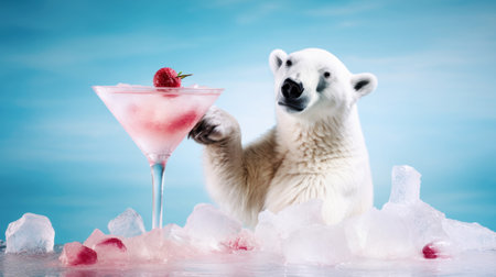 A polar bear with frozen cocktail while submerged in water, surrounded by melting ice. An image that vividly illustrates the impact of global warming on Arctic habitatsの素材