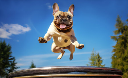 Joyful French Bulldog playfully jumping on a round trampoline.の素材