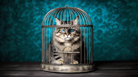 A charming portrait of a blue-eyed cat sitting inside a birdcage, exhibiting its curious behavior.の素材
