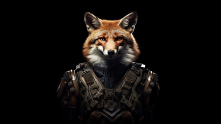 Portrait of a fox wearing bulletproof vest on a black background.の素材