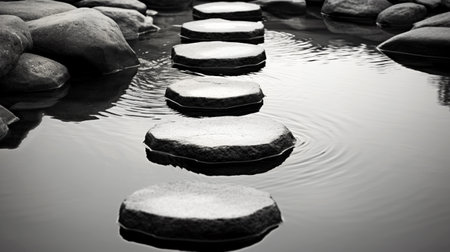 Stepping stones across the river symbolizing the journey of overcoming obstacles and challenges on the path to success.の素材