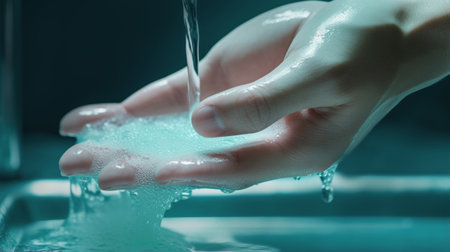 Close-up of a gentle flow of water from a tap onto a person's hand.の素材