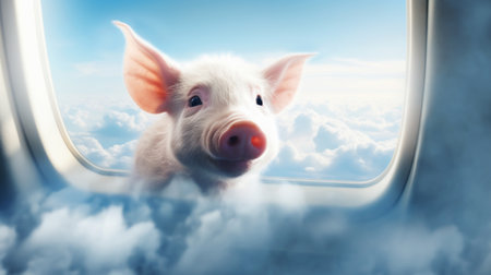 Portrait of a flying pig looking through the window of a commercial airliner with clouds and colorful sky in the background.の素材