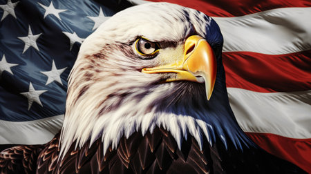 Portrait of a majestic Bald Eagle against the backdrop of the American flag.の素材