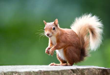 Close-up of a cute playful red squirrel standing on a tree stumpの写真素材