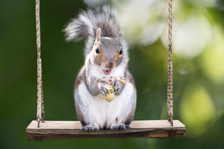 Portrait of a cute grey squirrel eating hazelnuts on a swingの写真素材
