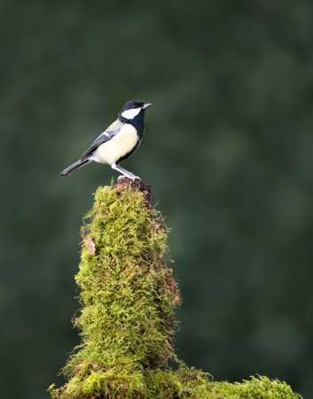 Great tit perched on a mossy tree branch, UK.の写真素材