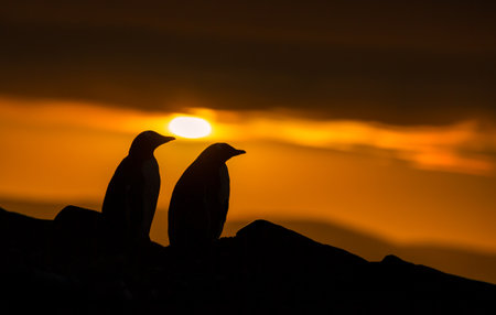 Close-up silhouette of two Gentoo penguins at vibrant golden sunrise on the rugged shores of the Falkand Islands.の写真素材