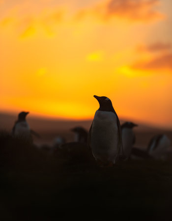 Close-up silhouette of a Gentoo penguin in a colony at vibrant golden sunrise on the shores of the Falkand Islands.の写真素材