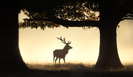 Majestic silhouette of a Red Deer stag (Cervus Elaphus) standing in an open field against a dramatic, golden, misty sunrise or sunset in autumn.の写真素材