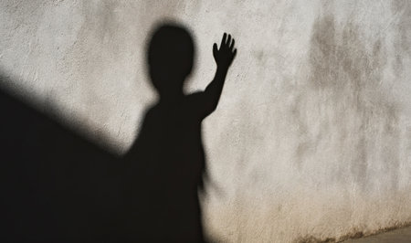 A blurred shadow silhouette of a child reaching out with an extended arm against a textured wall, symbolizing asking for help, vulnerability, and support.の素材