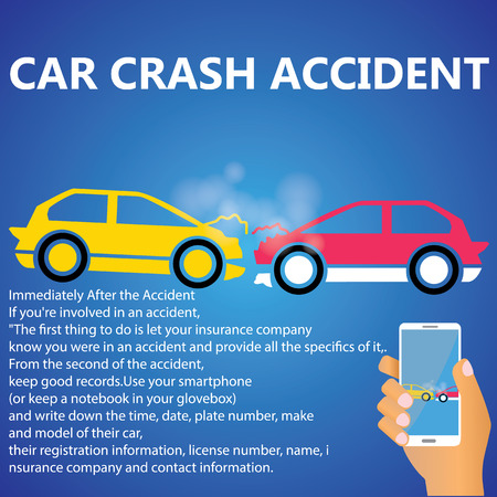 Yellow and red car crash hands the phone to take photos as evidence of damage.のイラスト素材