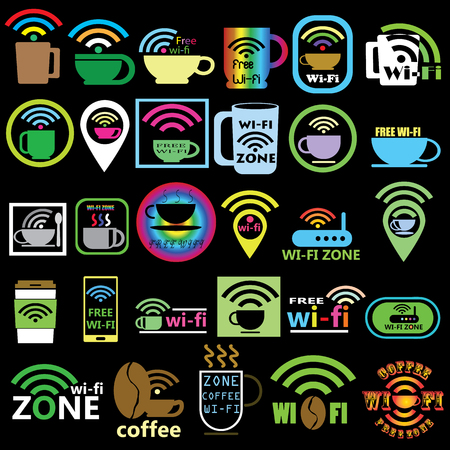 colorful coffee WIFI icons on black backgroundのイラスト素材