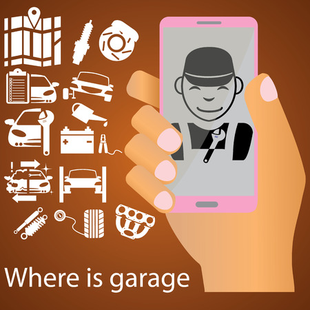 Human hand holding the phone screen shows consult maintenance via the application.のイラスト素材