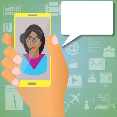 Hand are holding the phone screen shows the secretary was the information application with a white icon in the background.のイラスト素材