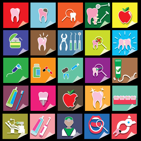 color dental icons on color square backgroundのイラスト素材