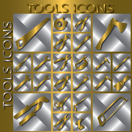 golden color tools icons in silver squareのイラスト素材