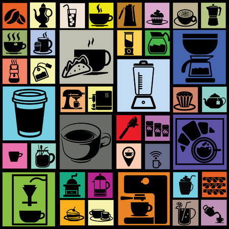 black color coffee icons in colorful square on dark backgroundのイラスト素材