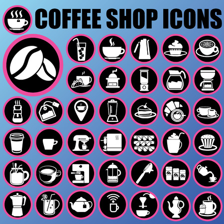 white coffee shop icons in pink circle on blue backgroundのイラスト素材
