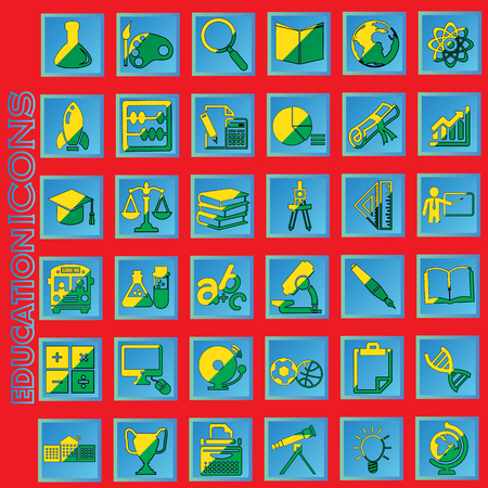 yellow and green color education icons in blue square on red color backgroundのイラスト素材