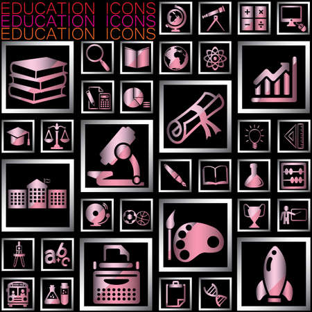 Pink shiny education icons in silver square on dark backgruondのイラスト素材