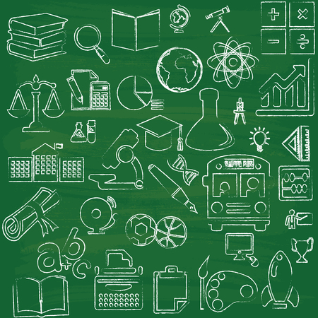 white education icons on greenboard backgroundのイラスト素材