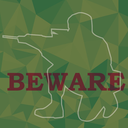 beware sign and soldier aim weapon in green color polygon backgroundのイラスト素材