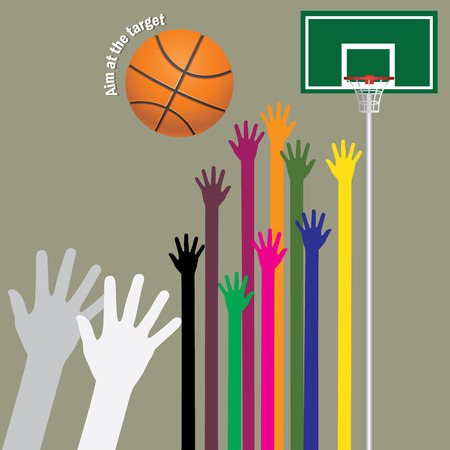 white hand shoot a ball to basketball hoop and a lot of colors hand be barricadeのイラスト素材
