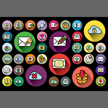 colorful envelope icons in color circle and dark backgroundのイラスト素材